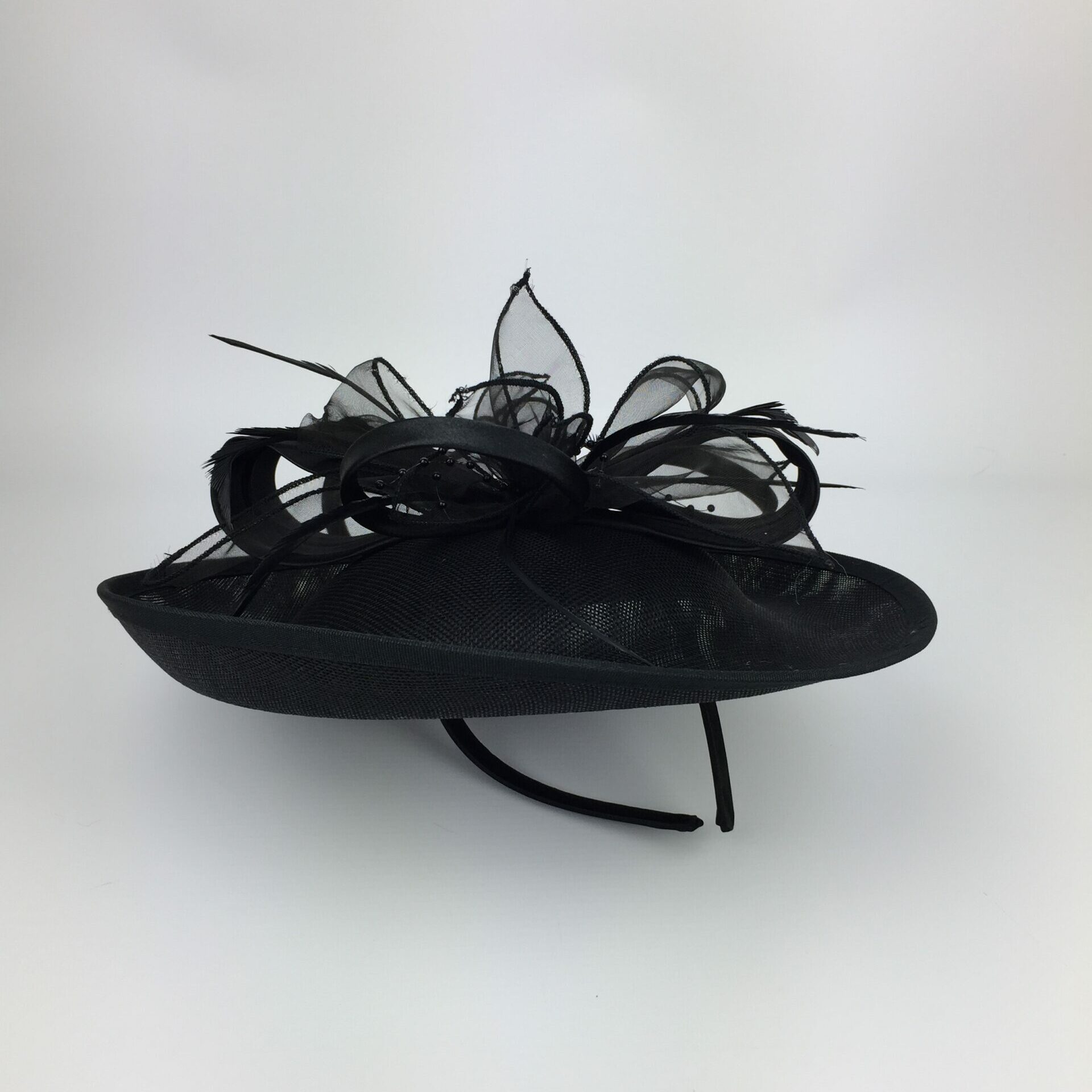 Black Occasion Hatinator Saucer Disc Hat with Loops Feathers and Bow ...