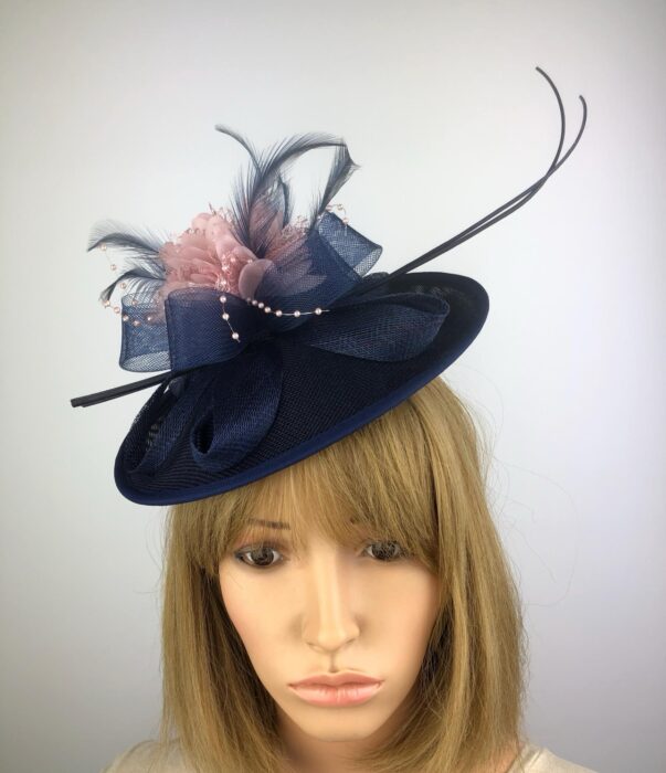 Navy Blue Blush Pink Fascinator Unique Wedding Hat - Image 8