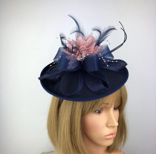 Navy Blue Blush Pink Fascinator Unique Wedding Hat - Image 7