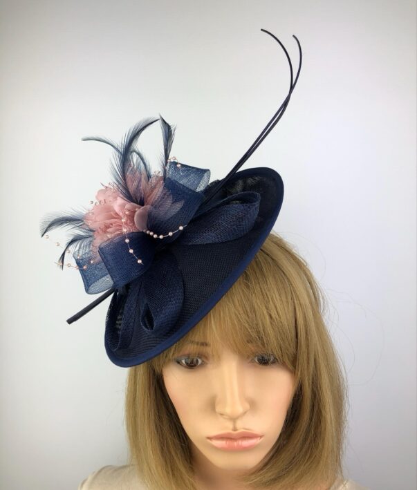 Navy Blue Blush Pink Fascinator Unique Wedding Hat - Image 3