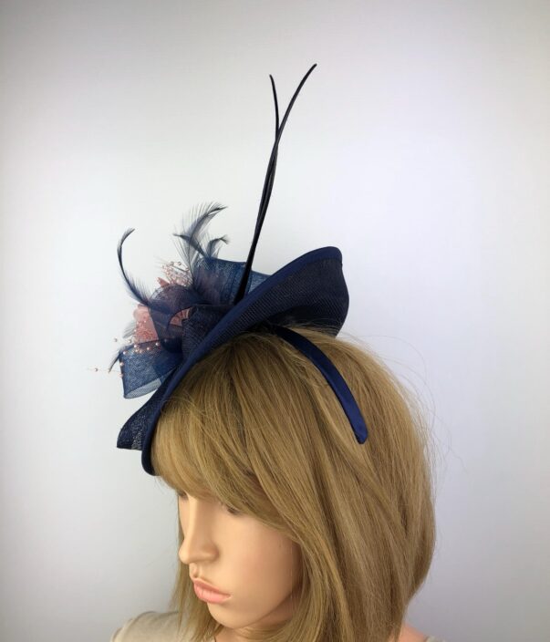 Navy Blue Blush Pink Fascinator Unique Wedding Hat - Image 9