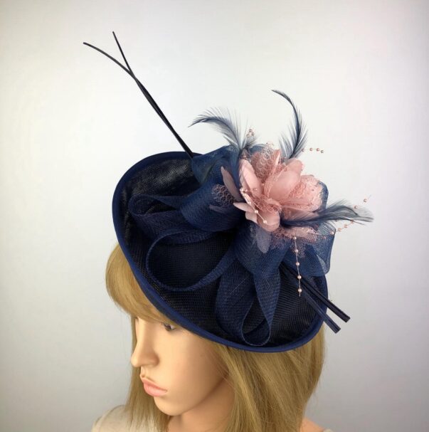 Navy Blue Blush Pink Fascinator Unique Wedding Hat - Image 2