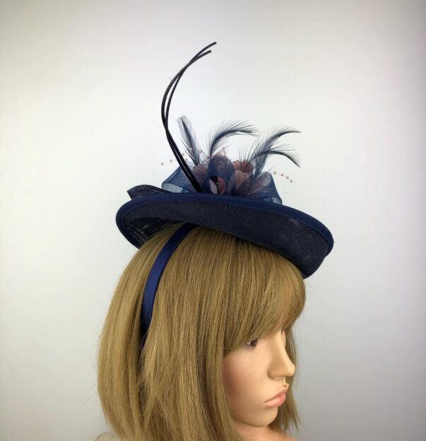 Navy Blue Blush Pink Fascinator Unique Wedding Hat - Image 6